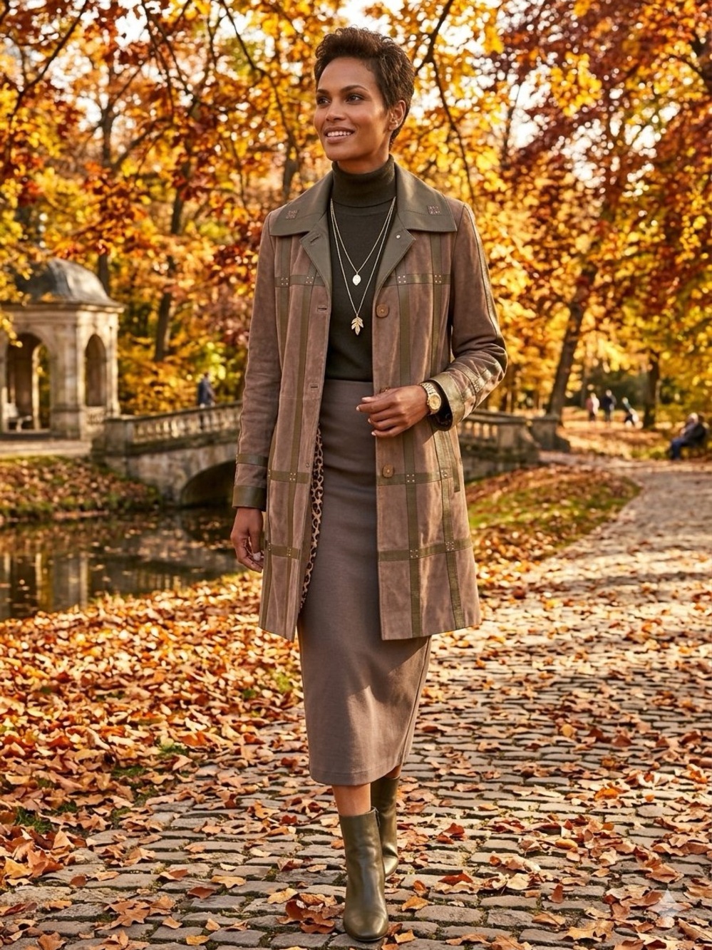 Vintage Giunti Lambskin Buttery Leather & Suede Coat Plaid-Trim Coat - Women M